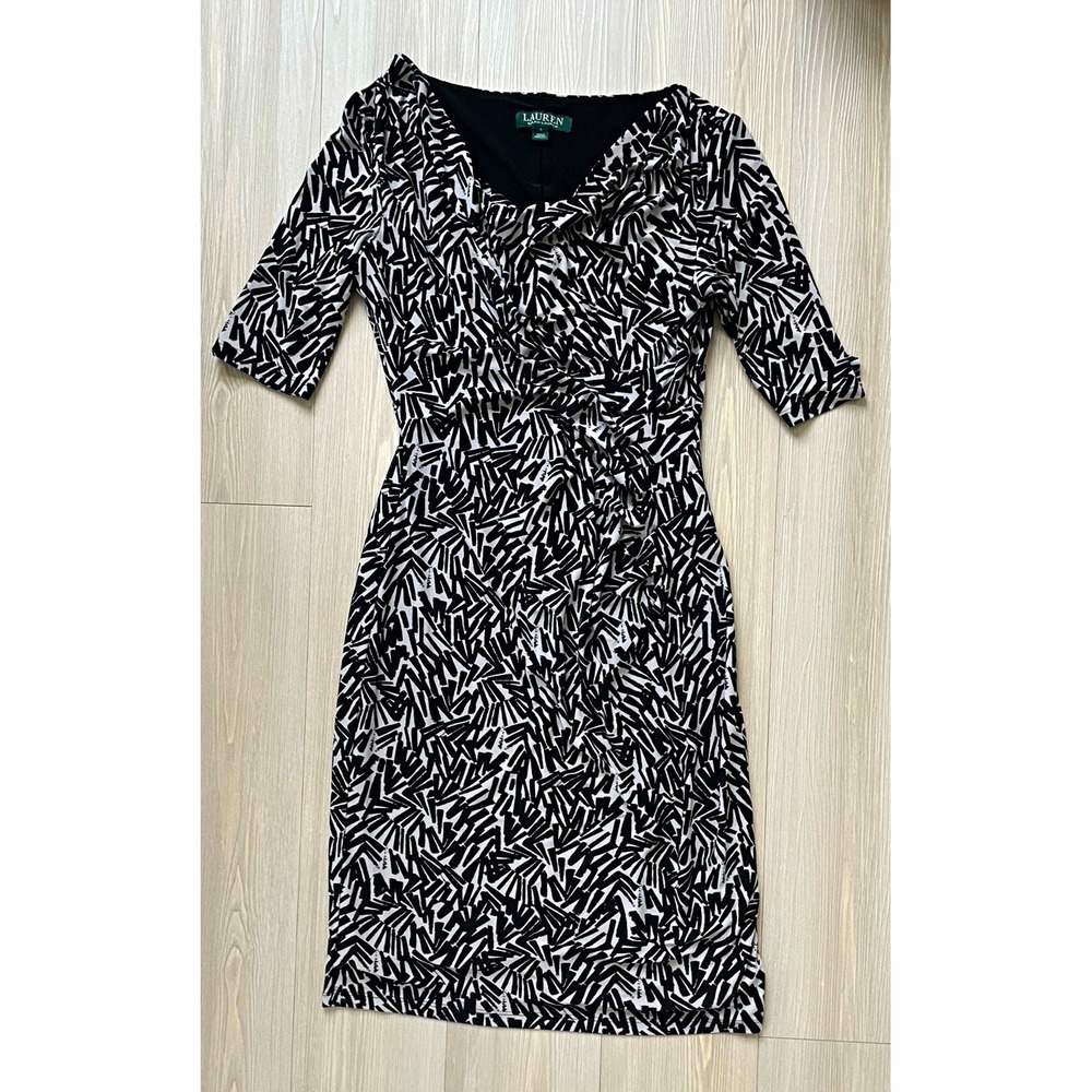 Ralph Lauren Women's Black White Abstract Ruched Dress Cowlneck Sz 4 Office